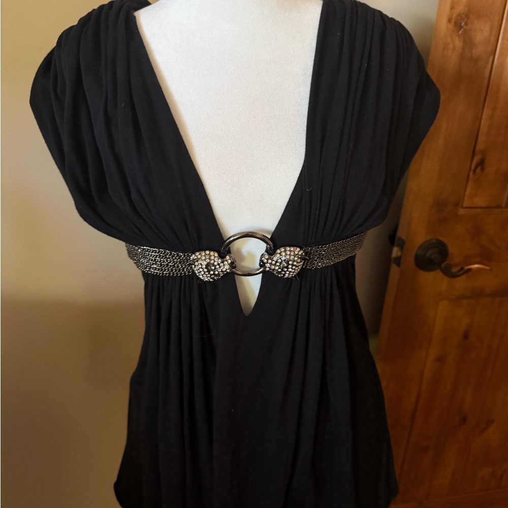 Elegant Black Top with Rhinestone Belt